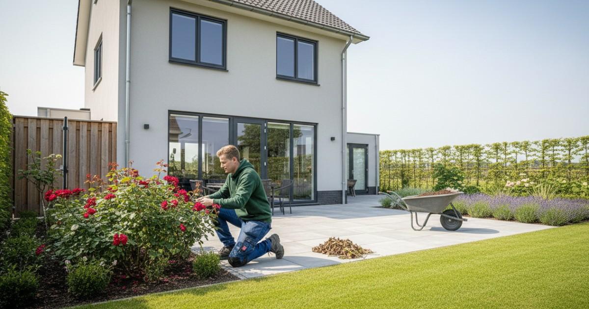 Hovenier bezig met professioneel tuinonderhoud in Delft