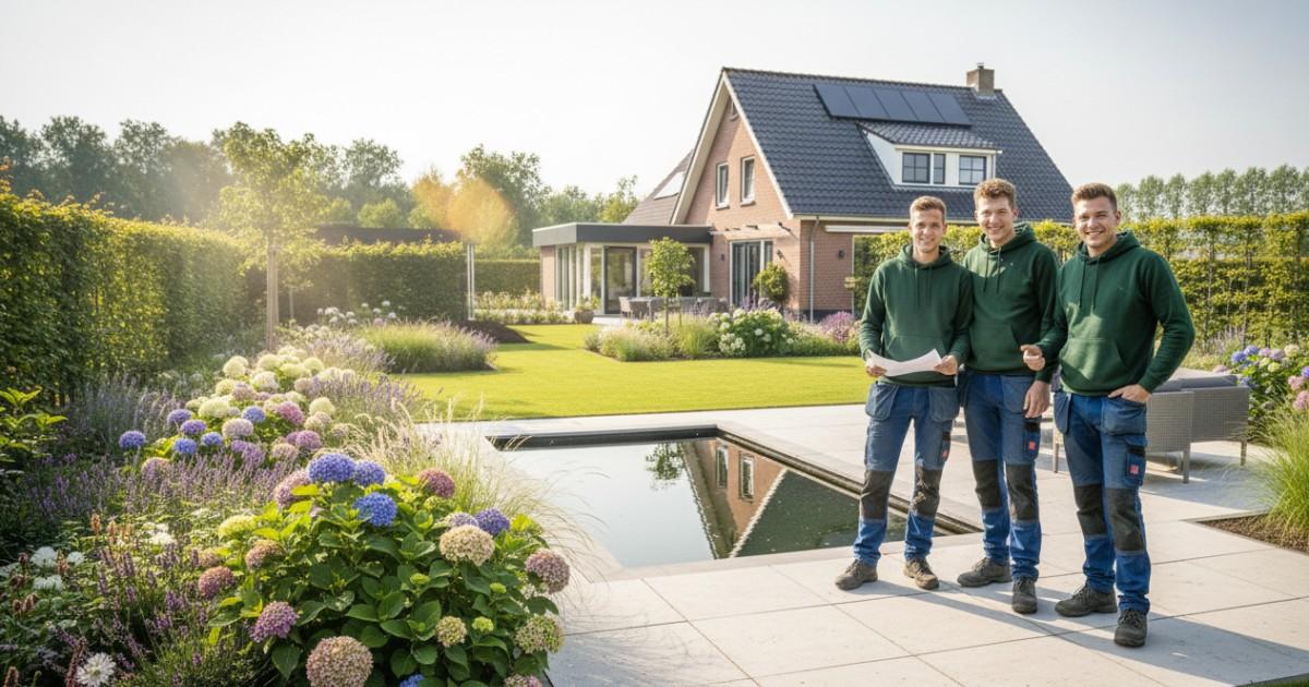 Medewerkers van hoveniersbedrijf Delft aan het werk in een tuin